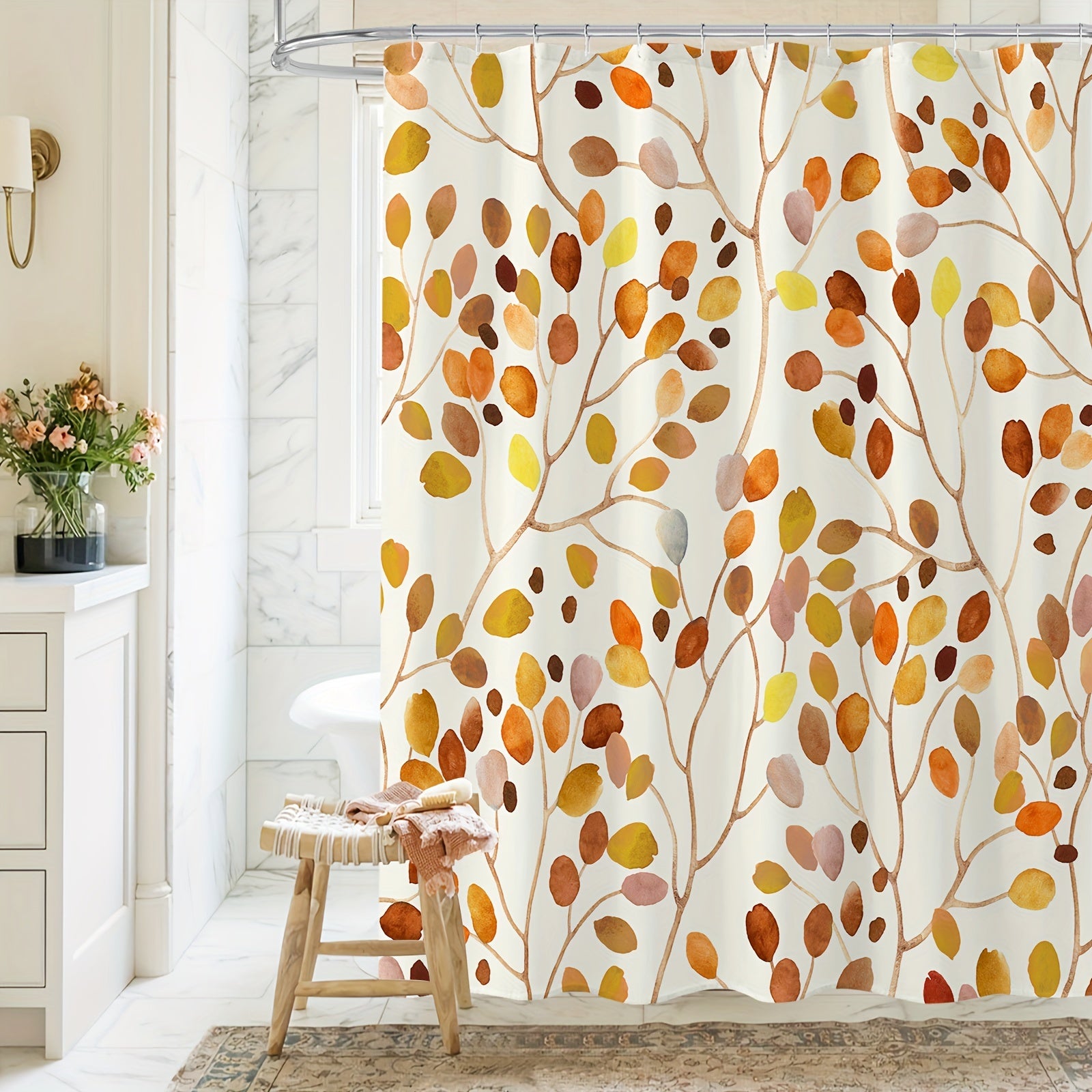 Plants Print Waterproof Shower Curtain with Hooks Decorative Bathroom Accessory