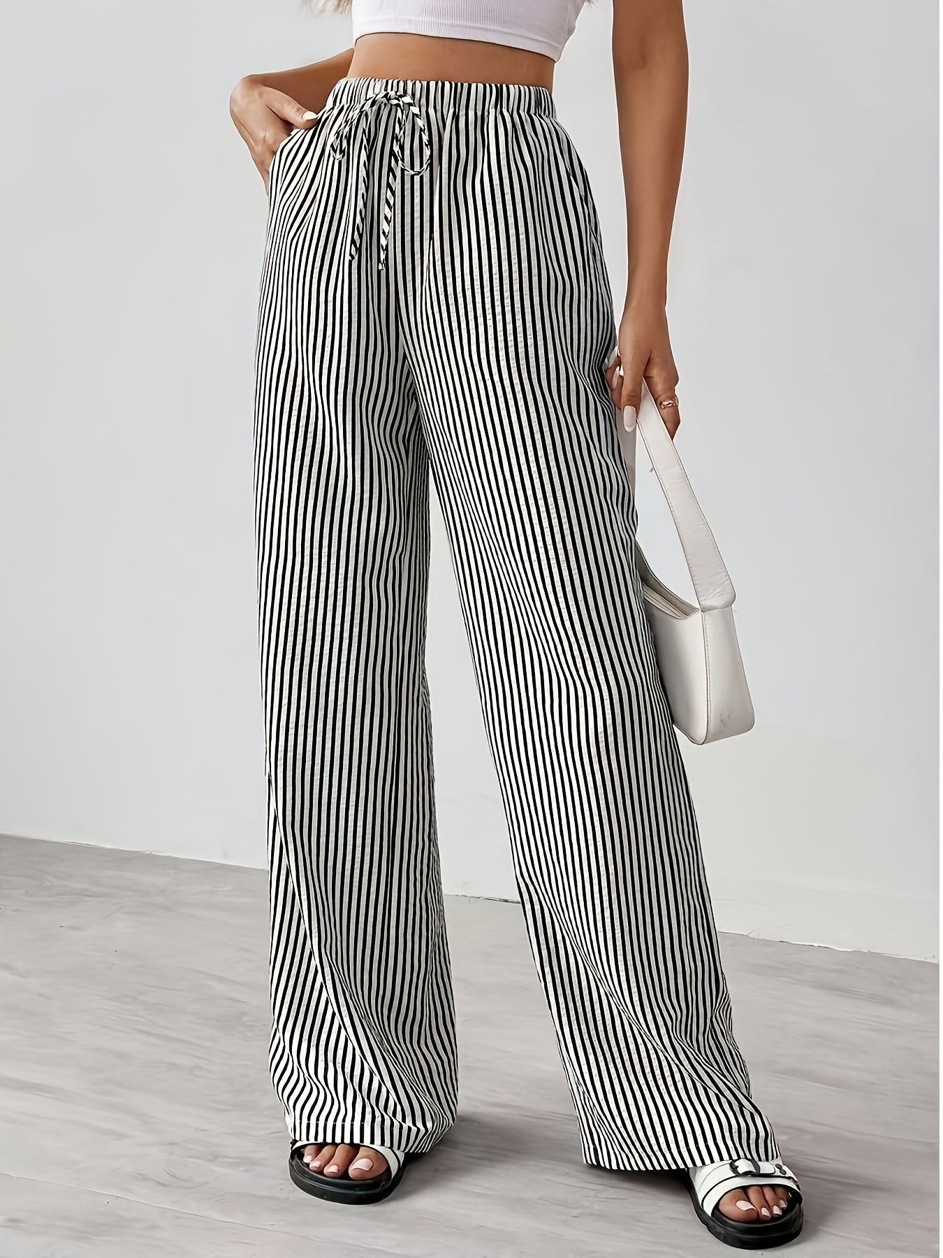 Women's Plus Size Black and White Striped Wide Leg Palazzo Pants