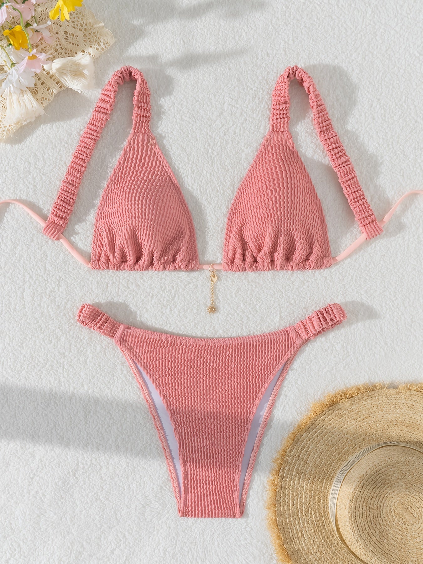 High-Waisted V-Neck Bikini Set for Women Solid Color Spandex Polyester Swimwear Yoga