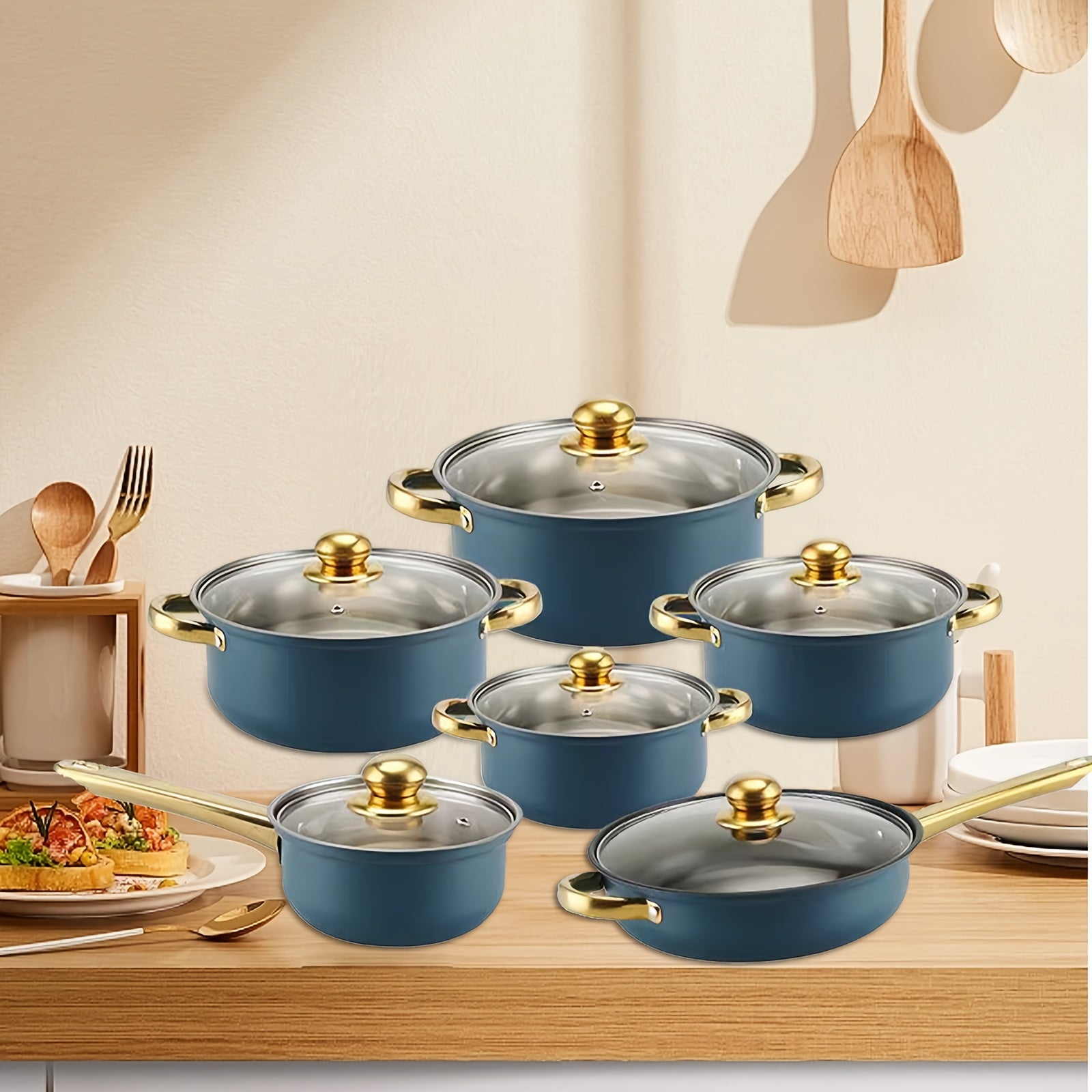 6-Piece Stainless Steel Cookware Set with Blue Lids, Soup Pans, Frying Pans