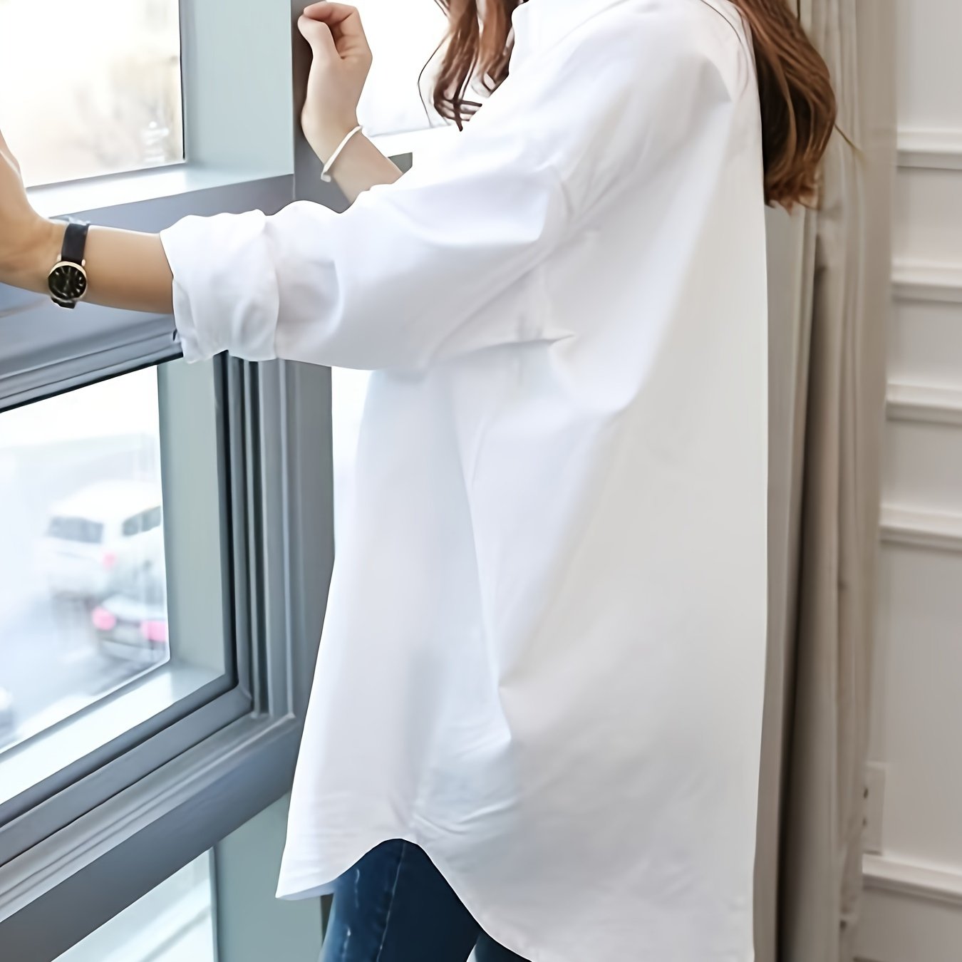 Women's Long Sleeve Blouse with Lapel Collar Button Detail Mermaid Hem Loose Fit for All Seasons