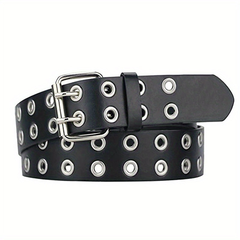 Unisex Black PU Leather Waistband with Double Pin Buckle and Eyelet Details for Punk Style