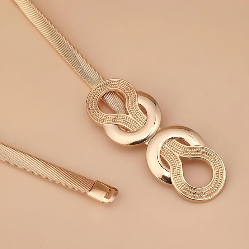 Women's Summer Elastic Waist Belt with Gold Color and Silver Waist Chain for Dresses and Jumpsuits