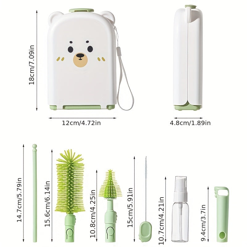 To'plamga maxsus yuvish uchun mo'ljallangan silikon portativ shisha cho'tkasi, drenaj tayoqchasini saqlash qutisi, sayohat tozalash cho'tkalari to'plami va teddy ayiq portativ tozalash cho'tkasi kiradi.