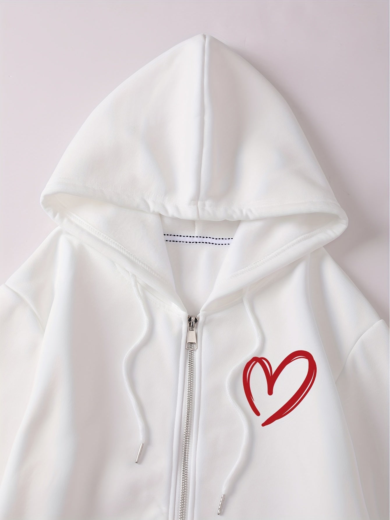 Women's Hooded Zip-Up Hoodie with Heart Print, Long Sleeves, Fall Winter Polyester
