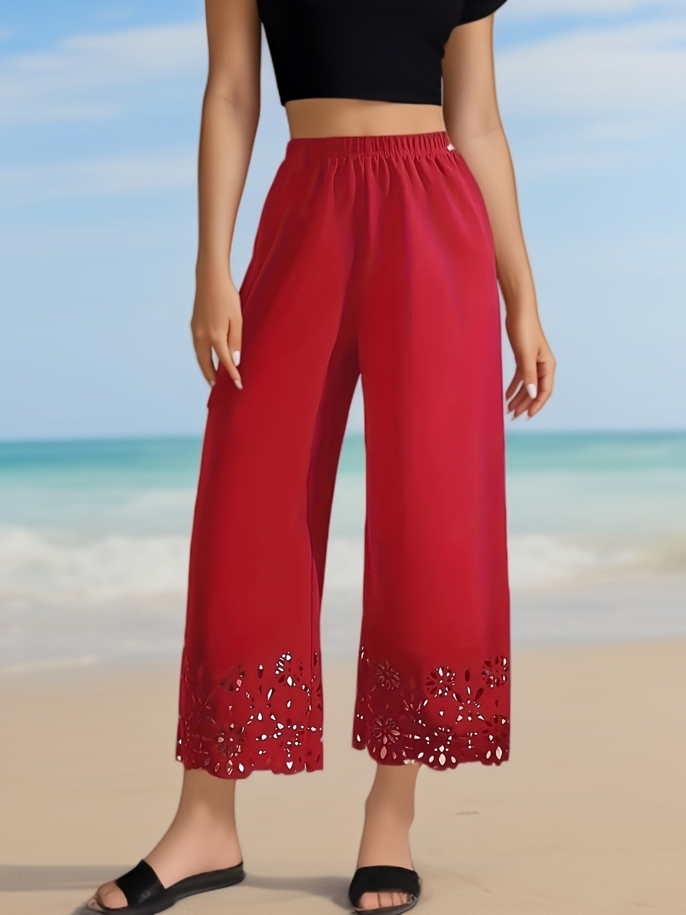 Pantalones de mujer de talla grande con piernas anchas y recortes de encaje, lavables a máquina, para todas las estaciones