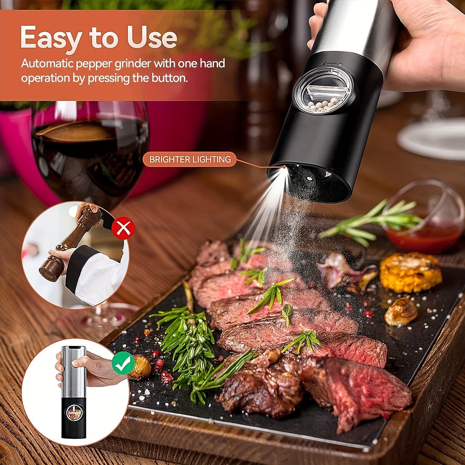Set of 2 Stainless Steel Electric Salt and Pepper Grinders with Rechargeable Base