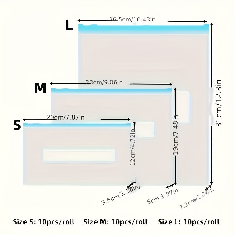 10 ta qayta ishlatiladigan oziq-ovqat saqlash sumkasi to'plami, ko'k zippers, suv o'tkazmaydigan, hidga chidamli, turli o'lchamlarda