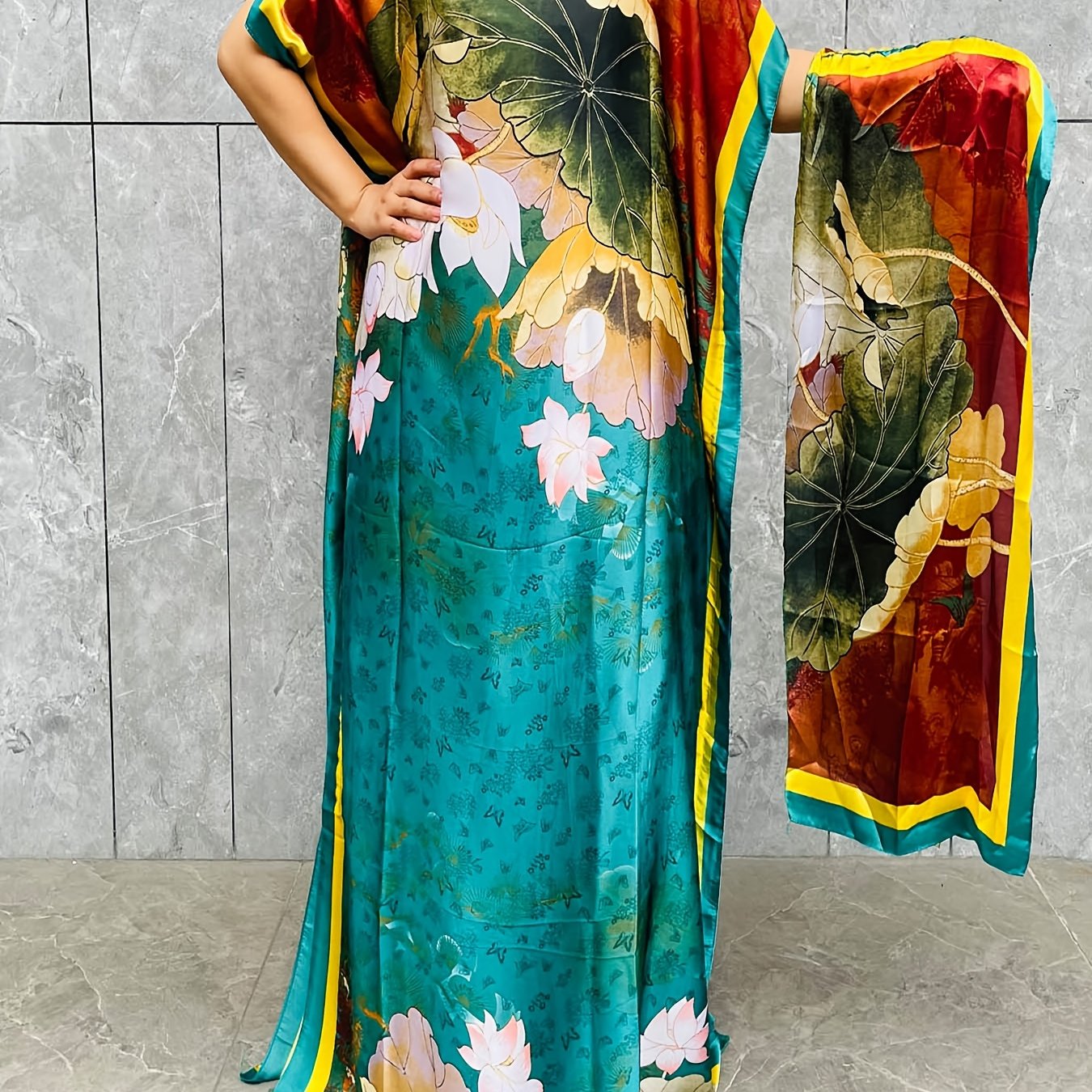 Women Plus Size Floral Pattern Longline Dress Short Sleeve Crew Neck Summer