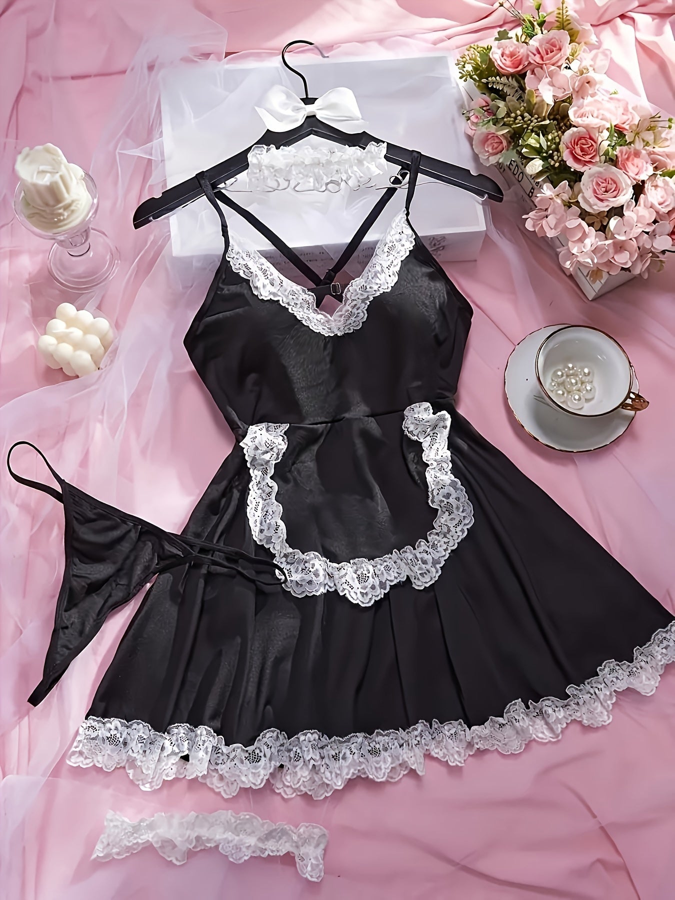 Seductive Four-Piece Lingerie Set with Maid Uniform, Leg Rings, Necklace, and Underwear