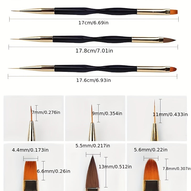 Akril tirnoqlarni aniq dizayn, bo'yash va bezash uchun 3 ta ikki uchli tirnoq san'ati cho'tkalar to'plami.