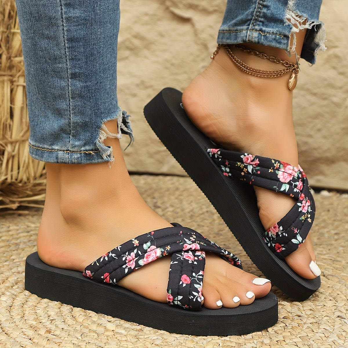 Women's Bohemian Flat Slip-On Sandals with Cross Straps Floral Print