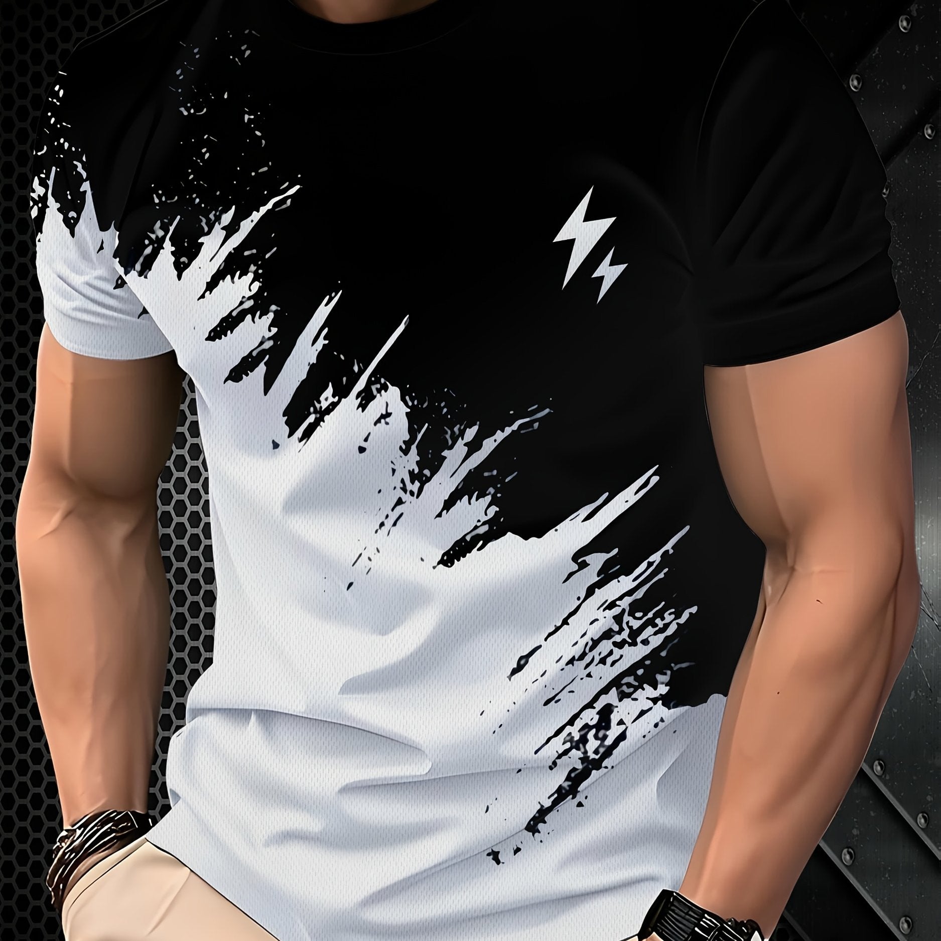 Erkaklar uchun tasodifiy qisqa qo'lqonli futbolka, 3D chaqmoq bosma, ikki rangli dizayn, dumaloq bo'yin. Polyester aralashmasidan tayyorlangan, mashinada yuvish mumkin. Yozgi ochiq havoda faoliyatlar va tasodifiy kiyimlar uchun juda yaxshi.