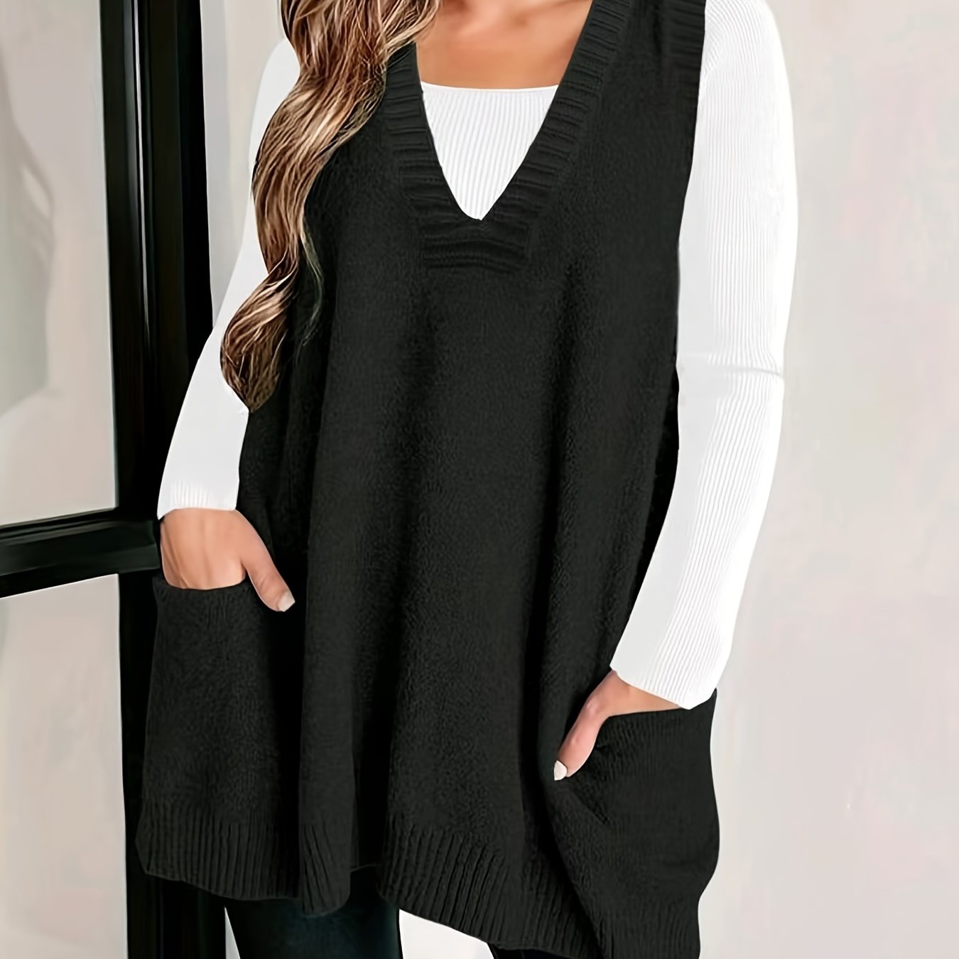 Plus Size Women Sweater Vest Casual V-Neck Sleeveless Pockets Clothing
