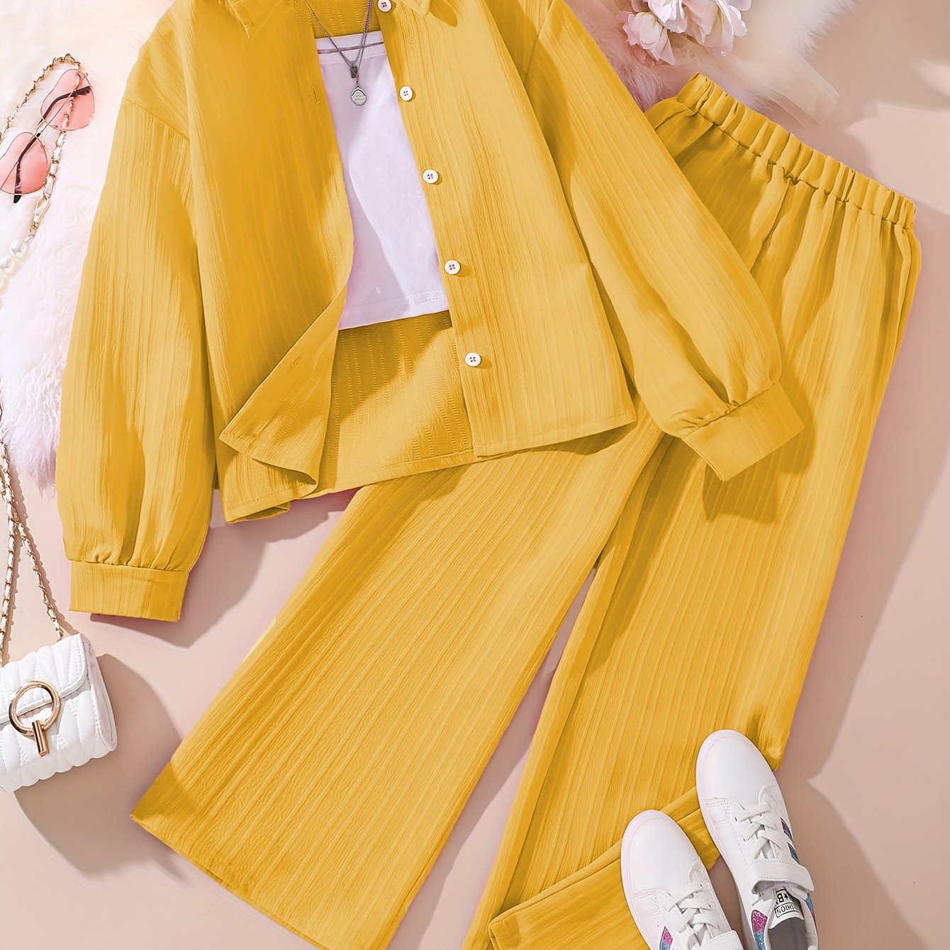 Girls' Clothing Set for 8-12 Years Long Sleeve Solid Color Korean Style Casual Outfit