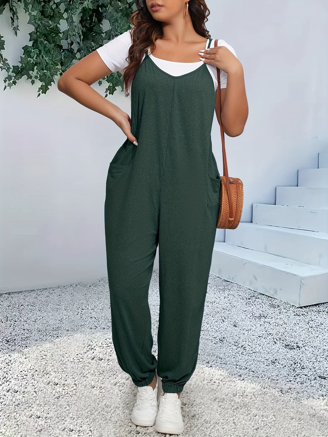 Plus Size Women's Heathered Cami Jumpsuit with Pockets Tapered Leg