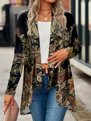 Plus Size Ethnic Floral Print Open Front Long Sleeve Top for Spring Fall Women