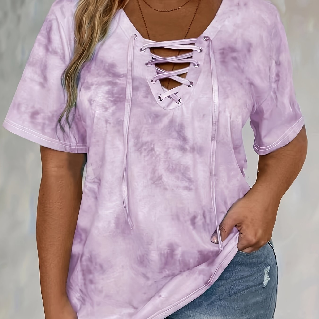 Plus Size Tie Dye Print Women's T-Shirt with Drape Neck and Short Sleeves