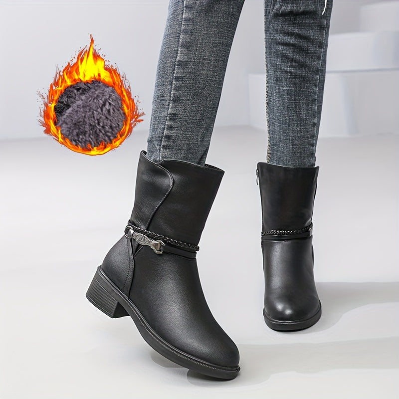 Women's Winter Boots Faux Cover Upper Slip-Resistant Mid-Heel Black