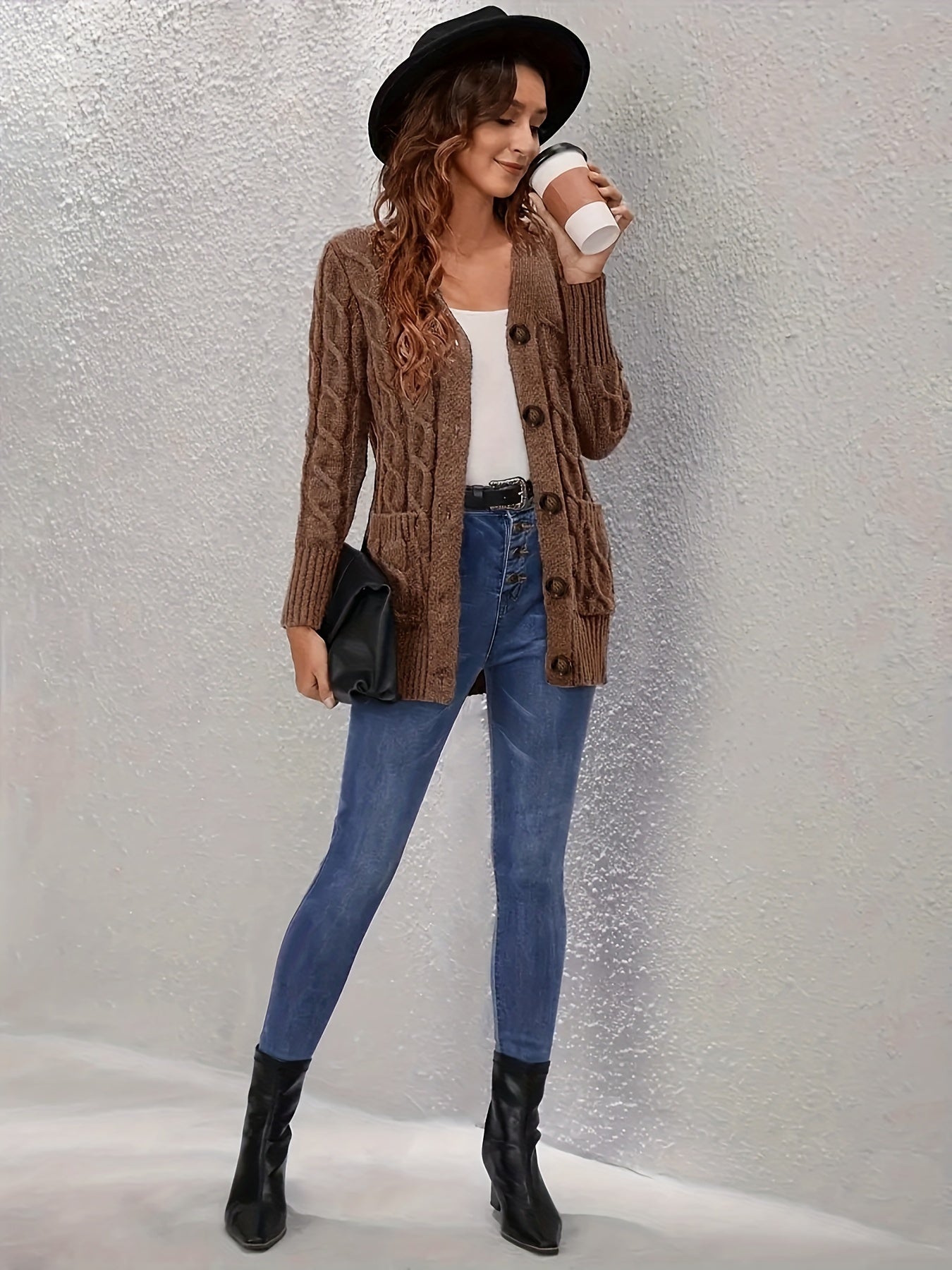 Plus Size Knit Cardigan Long Sleeve Button Pocket Sweater Women