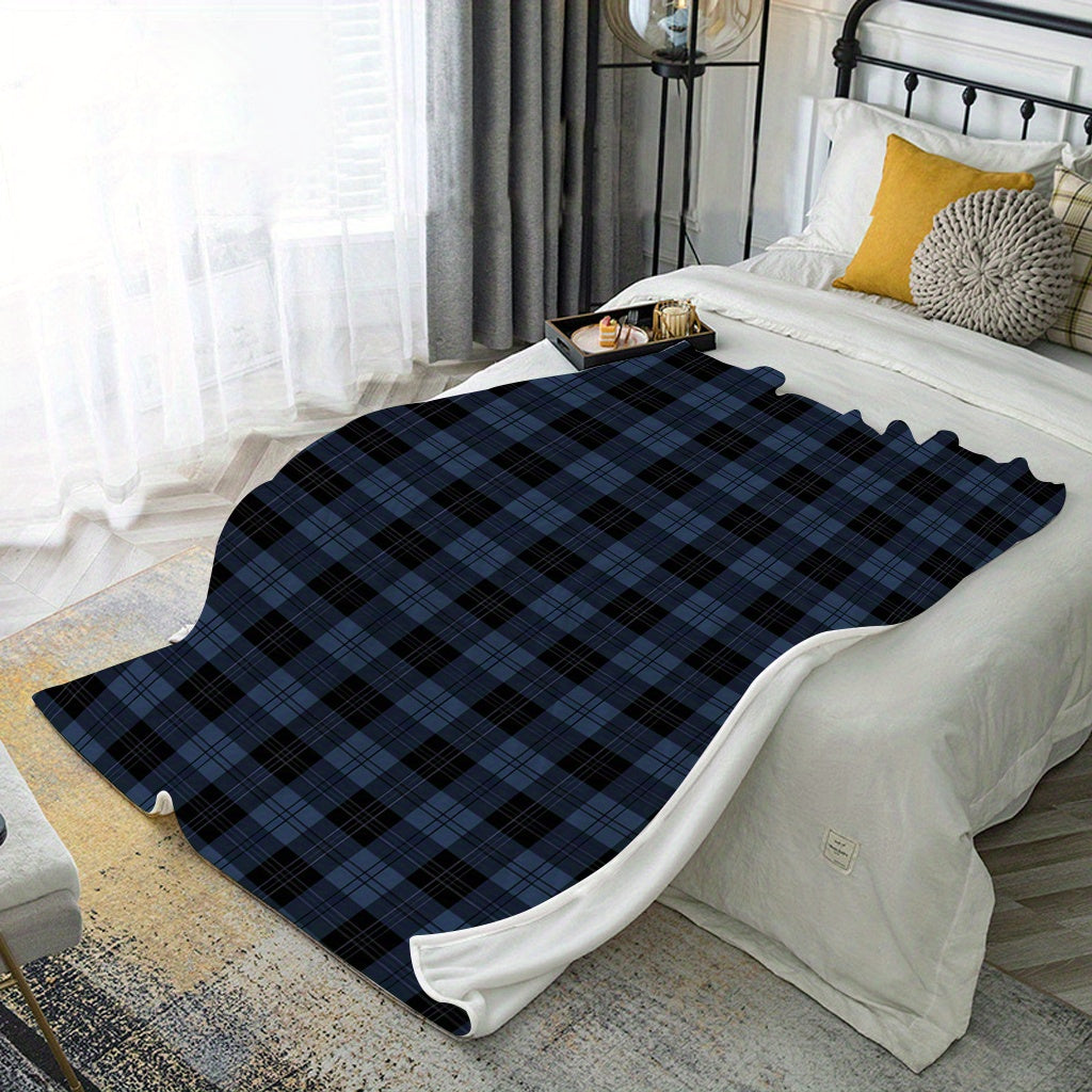 Navy Blue Geometric Plaid Flannel Fleece Blanket for Sofa Bed Travel