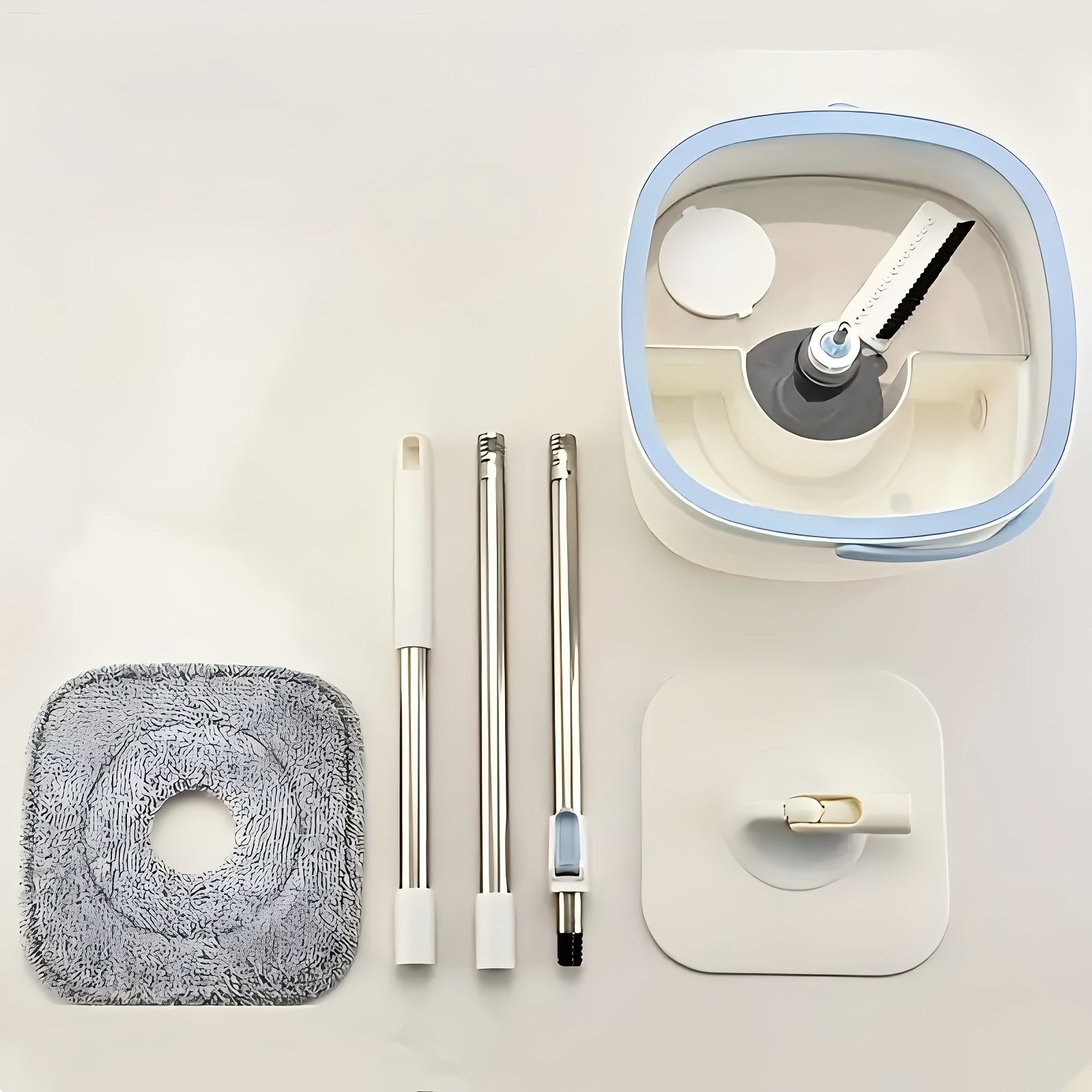 "Elektr energiyasiz tozalash uchun mo'ljallangan, uzun tutqichi va markaziy 3-in-1 tizimi bilan qo'l bilan ishlatilmaydigan tekis siqish mopu va chelak to'plami. Turli yuzalar uchun ideal."