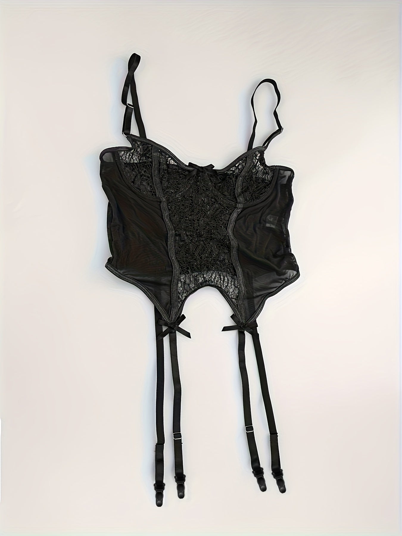 Women's Floral Mesh Lingerie Set with Lace Bra Garter Belt G-String and Stockings