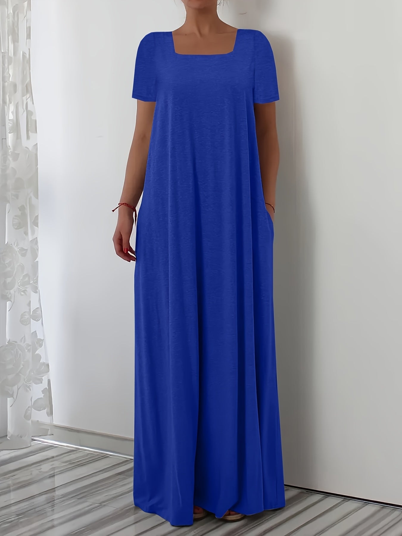 White Maxi Dress with Square Neck Short Sleeves Pockets Flowing Silhouette Polyester Blend