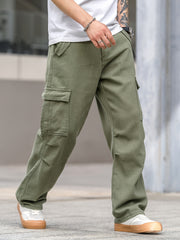 Men's Loose Fit Cotton Cargo Denim Pants with Multi-Pocket Design for All Seasons