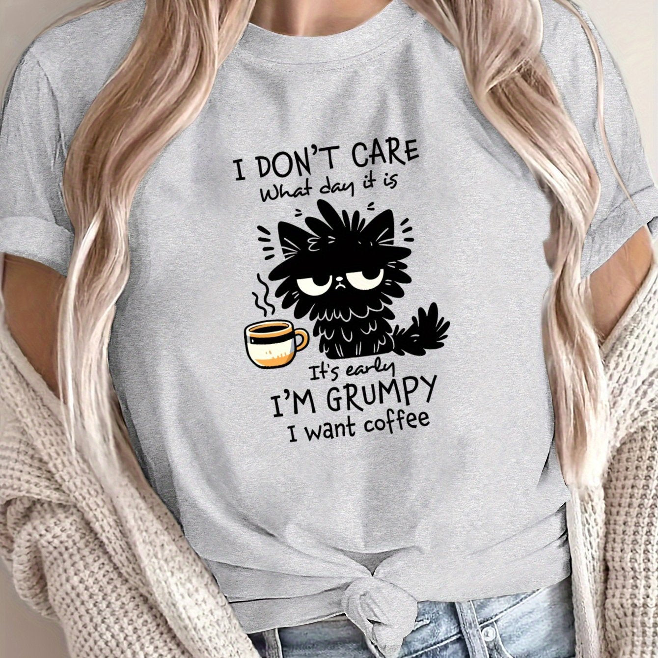 Women's Grumpy Coffee Graphic T-Shirt Soft Polyester Casual Short Sleeve
