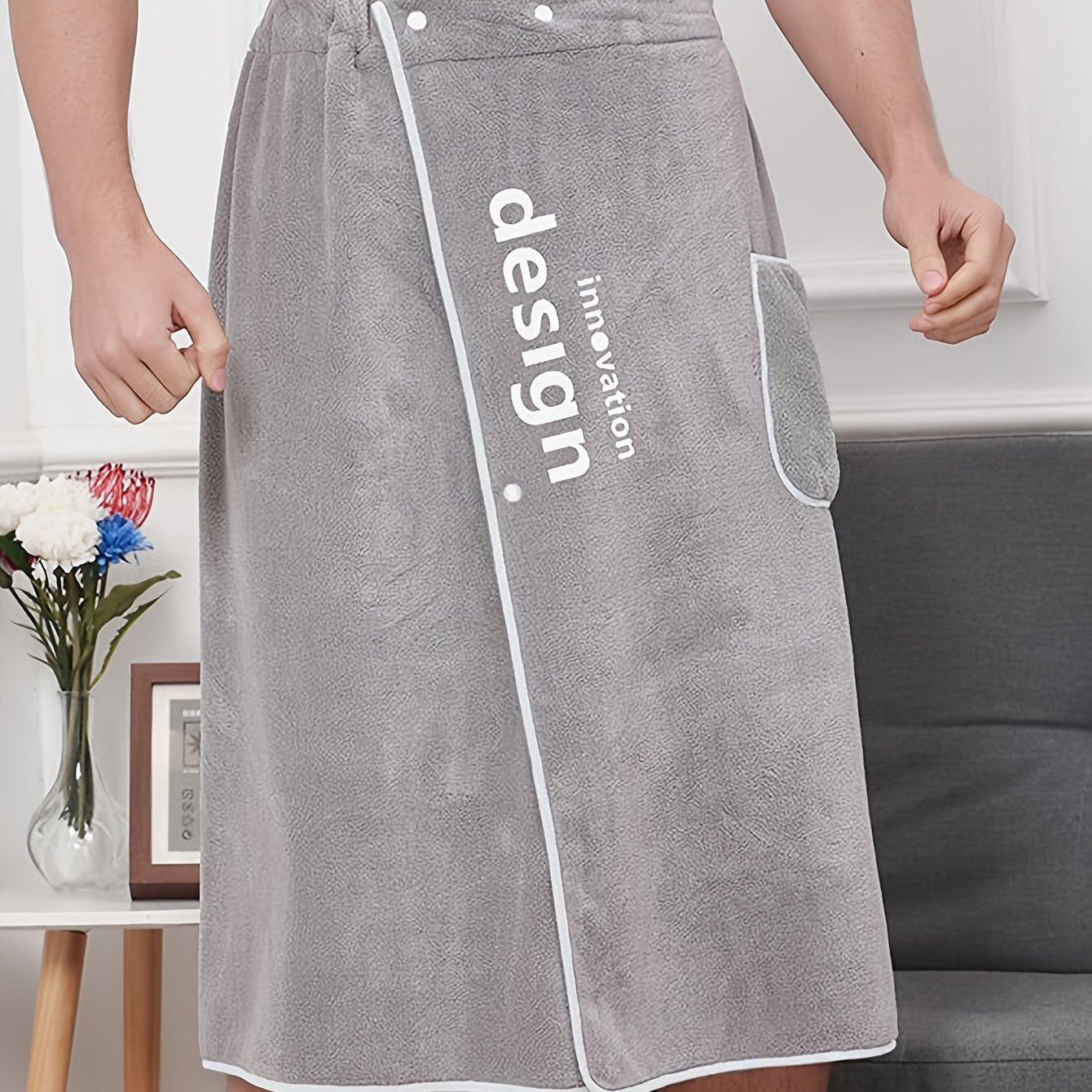 Conjunto de bata de felpa de coral para hombre con bolsillo bordado con alfabeto, casual, de hombro caído, tejido de punto, para todas las estaciones