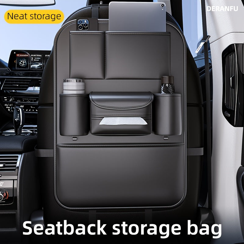 Organizador de respaldo para asiento de coche con bolsillos de malla de cuero, almacenamiento, negro, con múltiples compartimentos