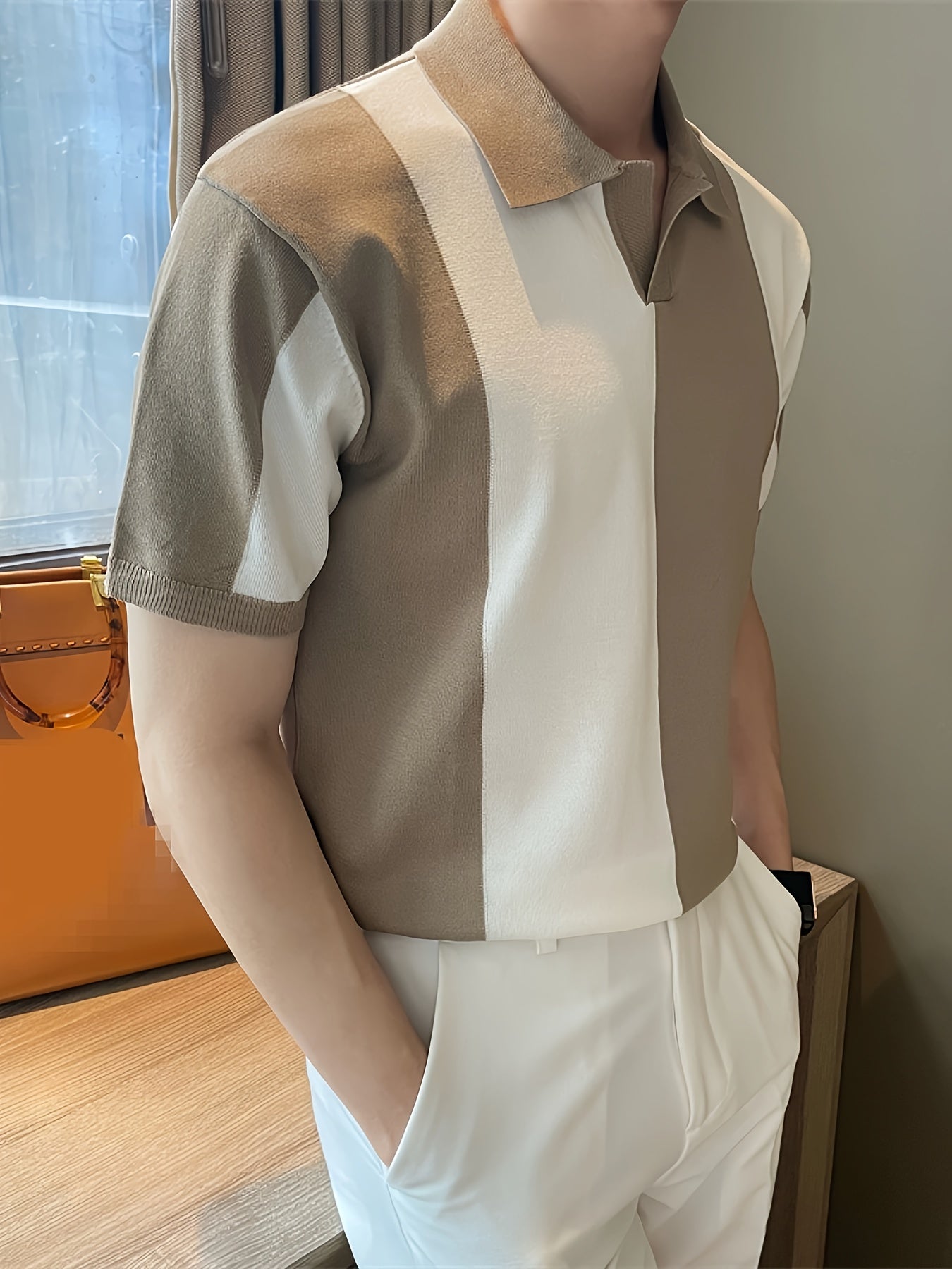 Men's Color Block Short Sleeve Lapel Golf Shirt Summer Rayon High Stretch Casual Regular Fit