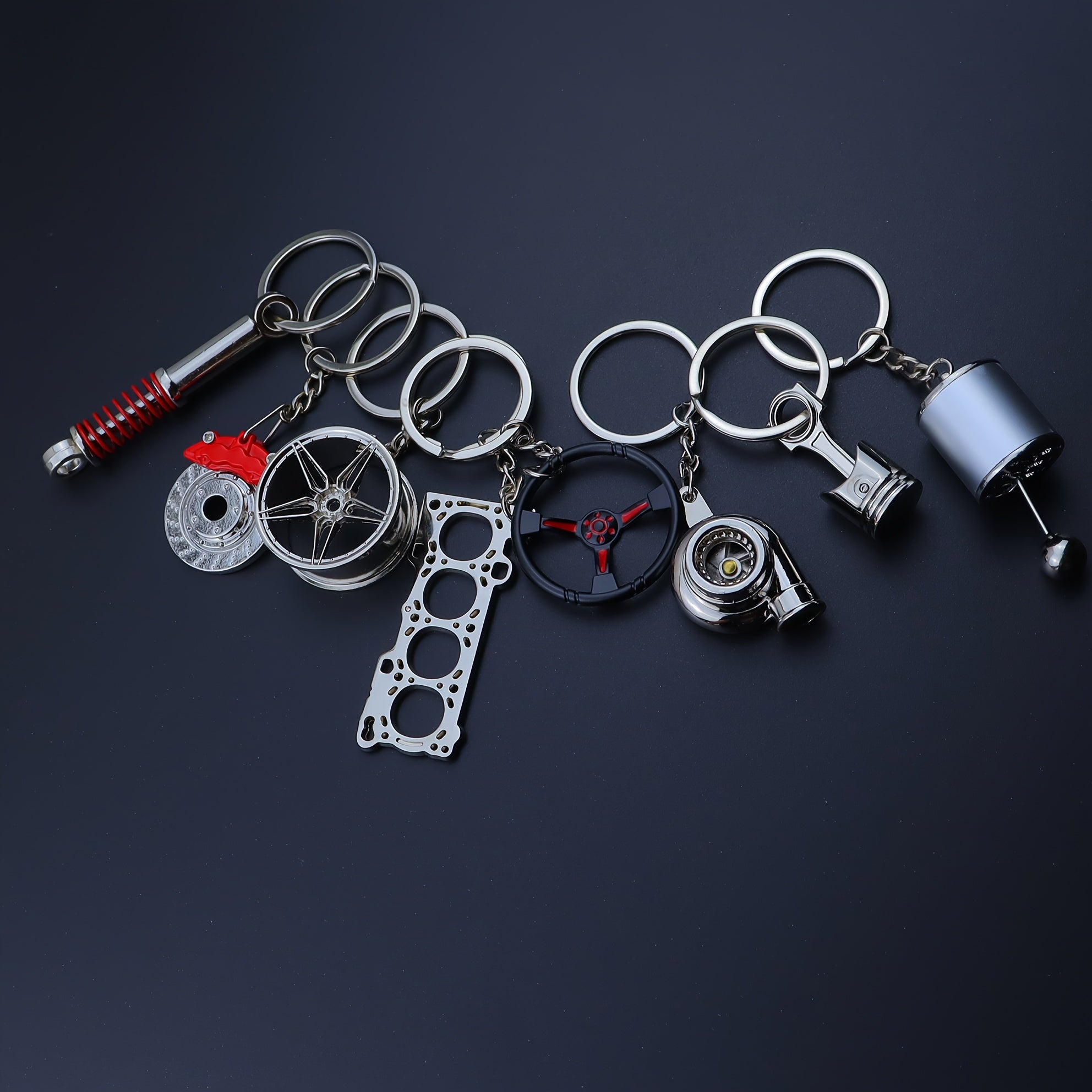 Car Enthusiast Keychain Set - 8 Black Zinc Alloy Engine Component Keychains