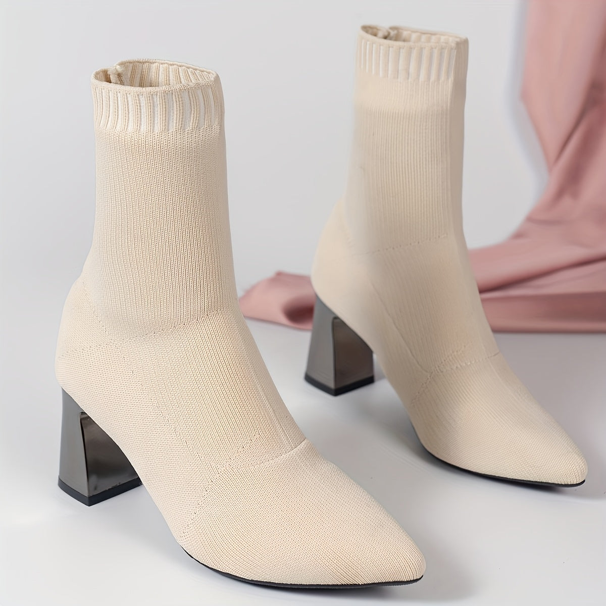 Women's Black Pointed Toe Ankle Boots with Chunky Heel Slip-On All-Season