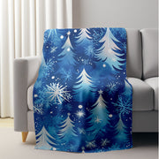 Blue Snowflake and Pine Tree Flannel Blanket Lightweight Plush Cozy for Winter