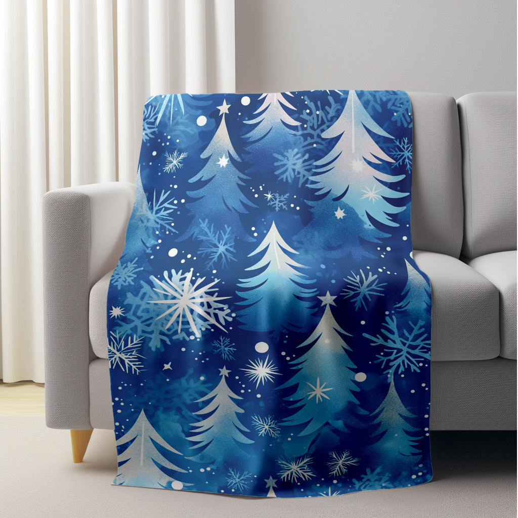 Blue Snowflake and Pine Tree Flannel Blanket Lightweight Plush Cozy for Winter