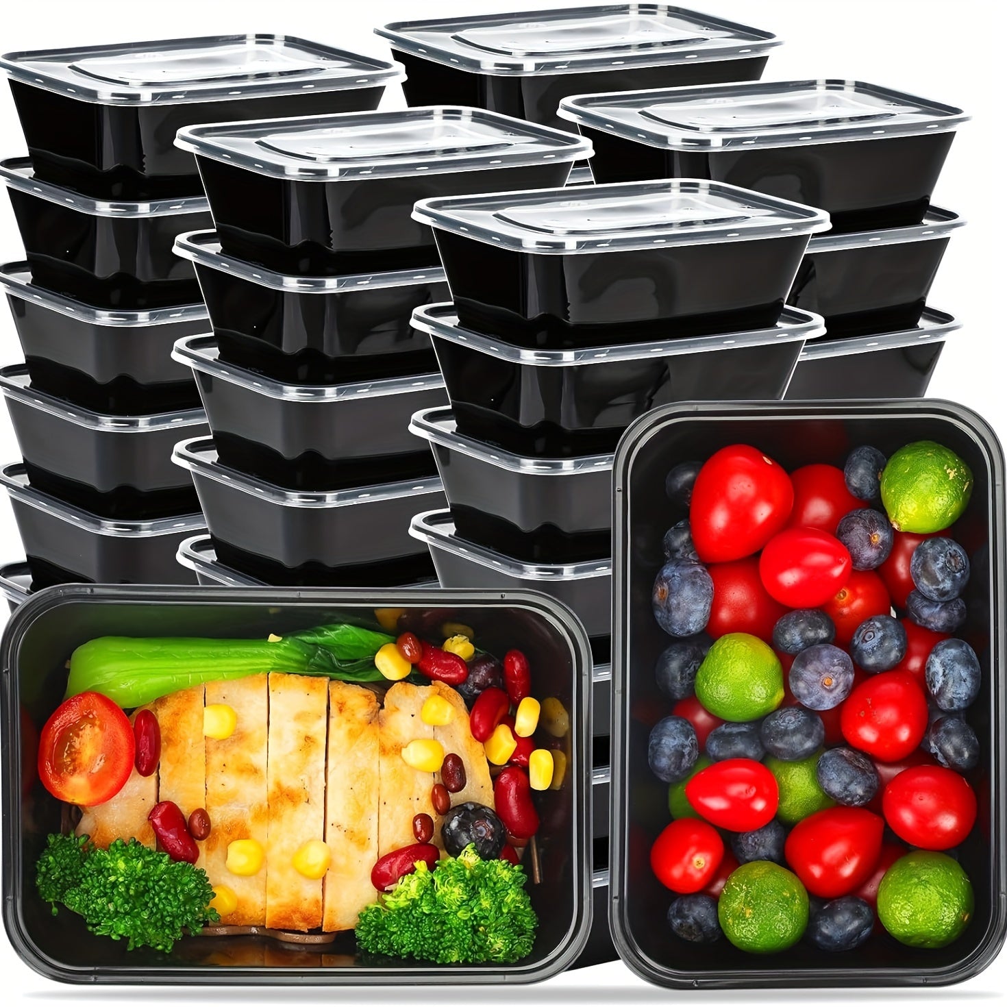 30 Pack Black Plastic Food Storage Containers with Lids, Leakproof, Microwave Safe