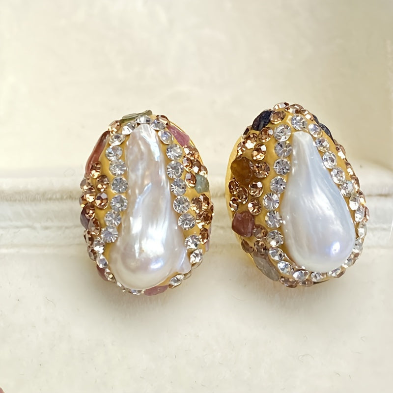 Vintage Boho Freshwater Pearl Stud Earrings with Czech Crystals and Sterling Silver Posts