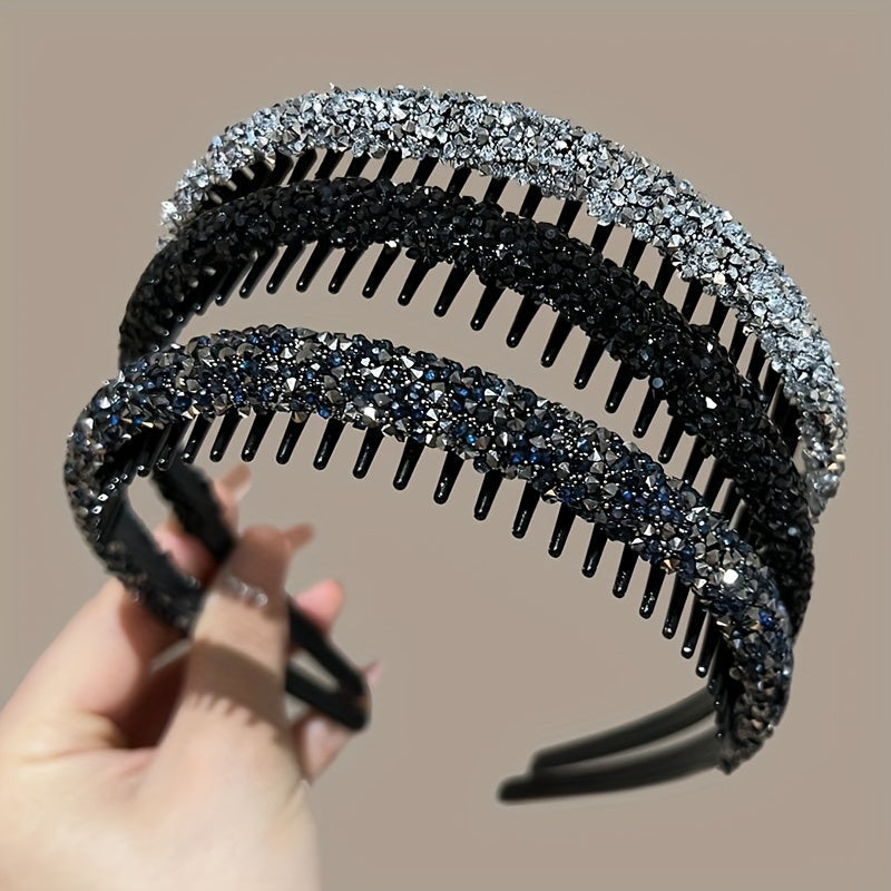 Set of 3 Rhinestone Hair Clips with Anti-Slip Headband for Styling