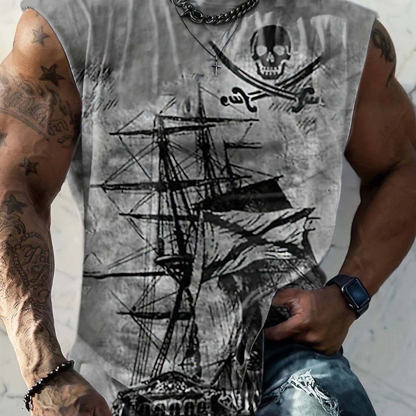 Мужская майка с графикой пиратского корабля большого размера, дышащий полиэстер, лето, уличный стиль