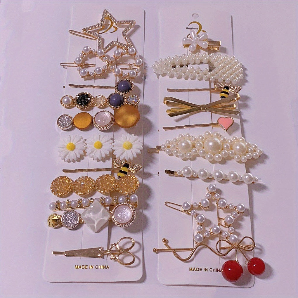 Set of 20 Metal Bobby Pins with Faux Pearl Embellishments in Bow Shape for Women