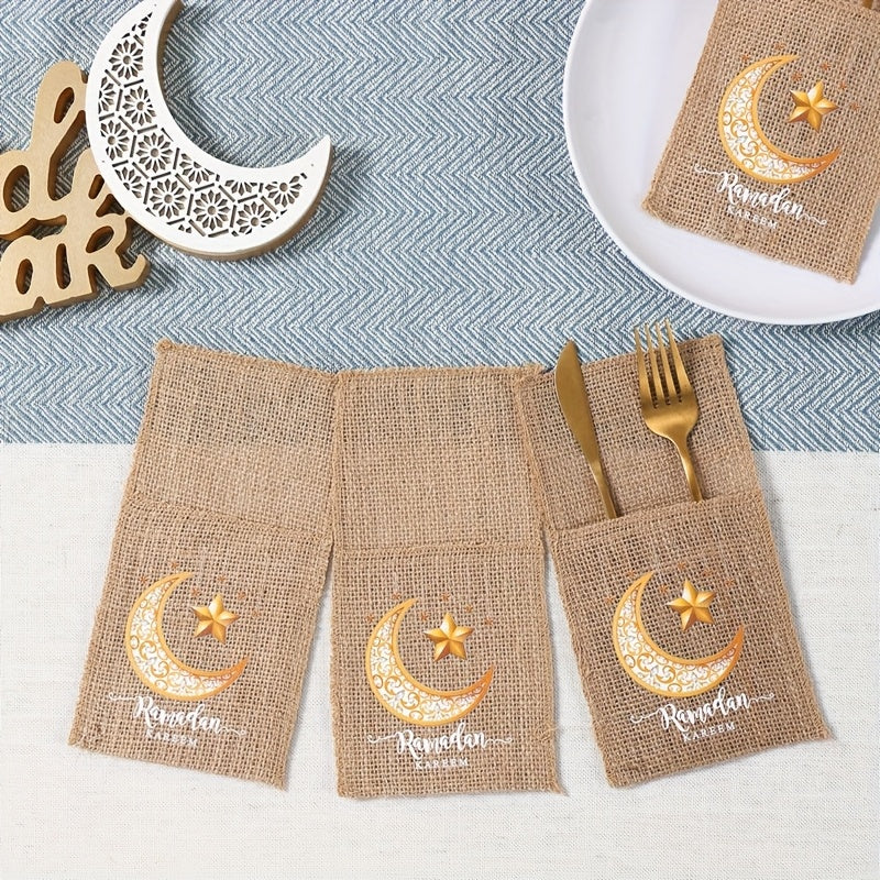 Juego de 5 bolsas de regalo de arpillera Eid Mubarak con linterna de luna y diseños de estrellas para suministros de fiesta de Ramadán