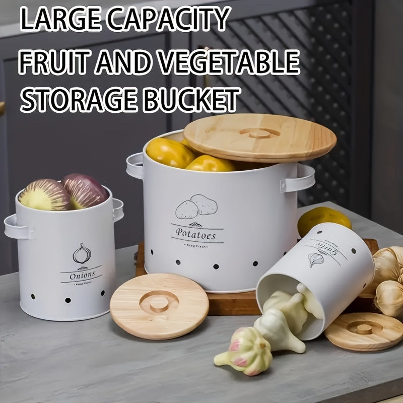 Set of 3 Metal Food Storage Containers with Wooden Lids and Handles
