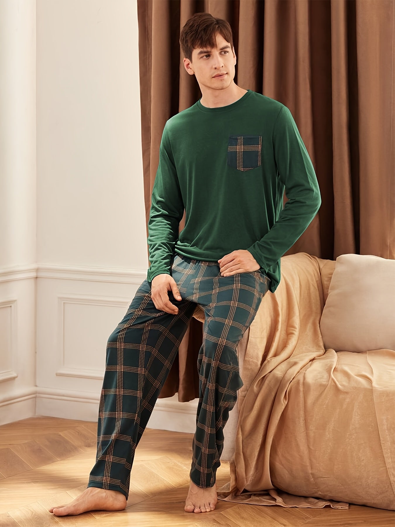 Men's Dark Green Long Sleeve Pajama Set with Plaid Trousers