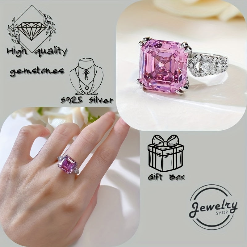 Ajoyib 925 Sterling Silver uzuk, 11*11mm o'lchamdagi Pushti Gilos Gullari Sintetik Olmos bilan bezatilgan, Yil davomida kiyish mumkin bo'lgan Vintage/Sodda uslubda, Partiyalar va Banketlar uchun mukammal.