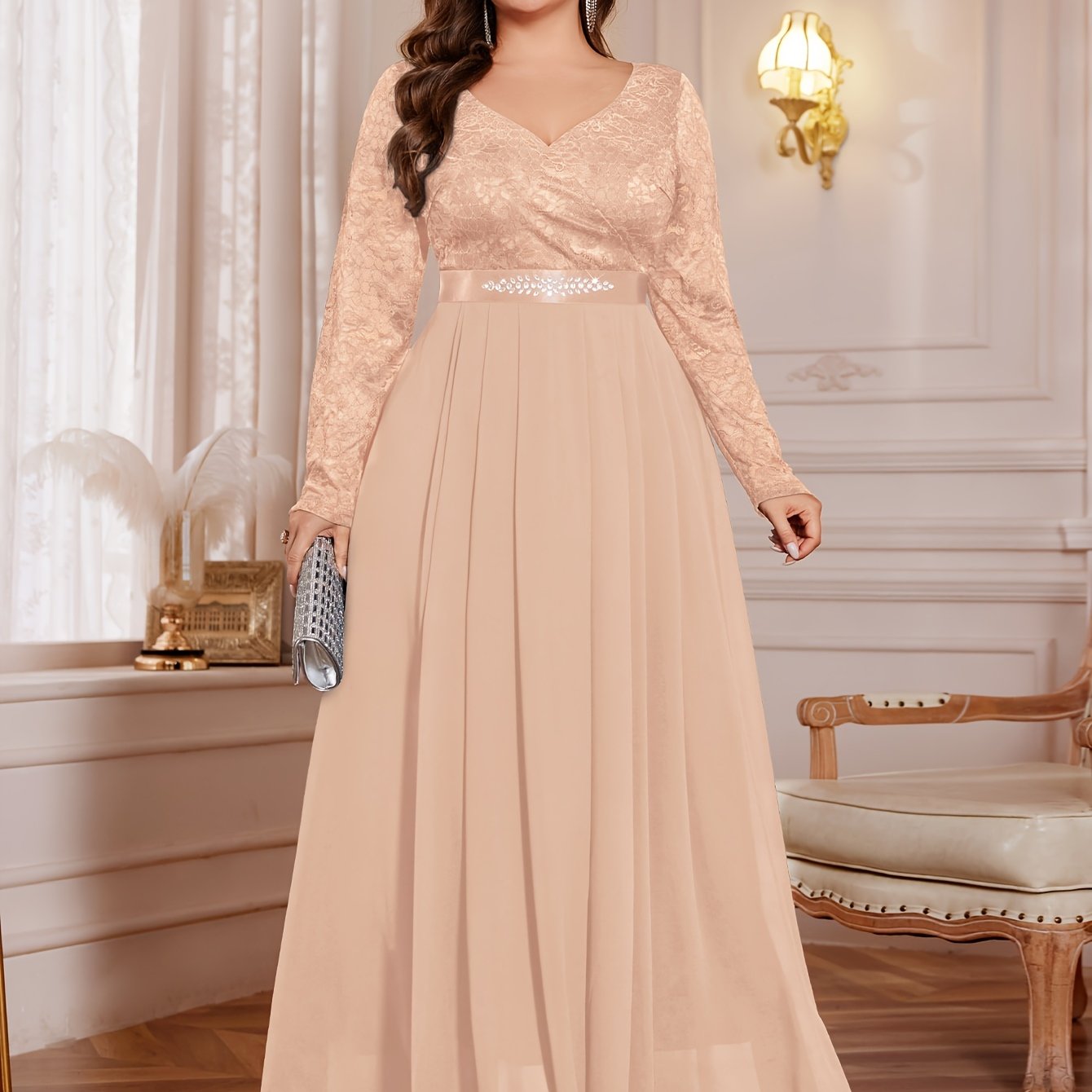 Plus Size Women’s Chiffon Long Dress V-Neck Flared Beaded Waist Party