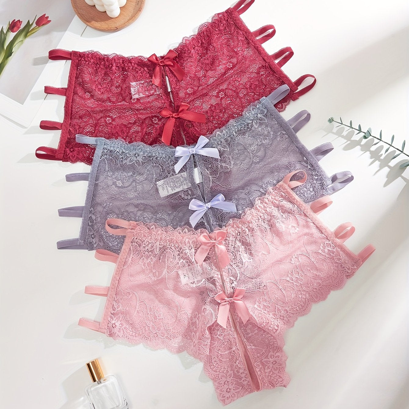 Женские кружевные трусы 3 шт. в упаковке, большие размеры, с открытым промежностью, цветочные узоры, черный, морской волны, красный