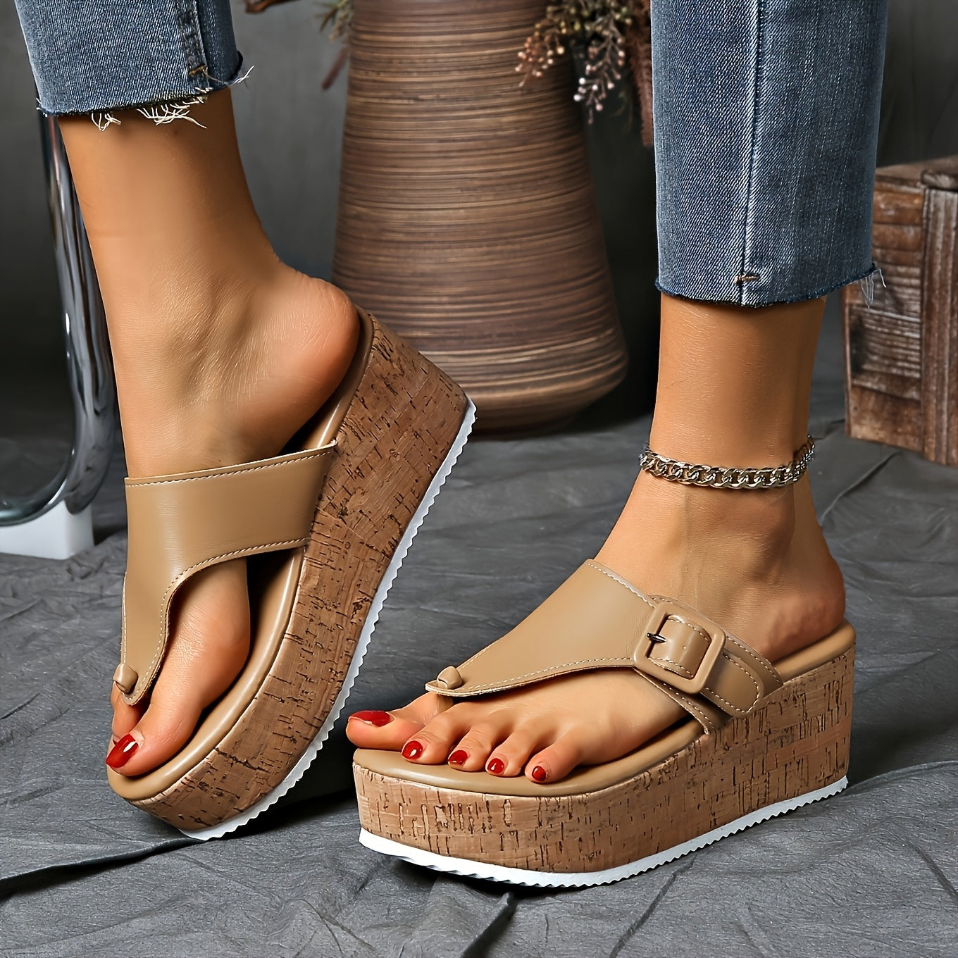 Women's Casual Wedge Heel Sandals with Flip Flop Strap and Solid Color