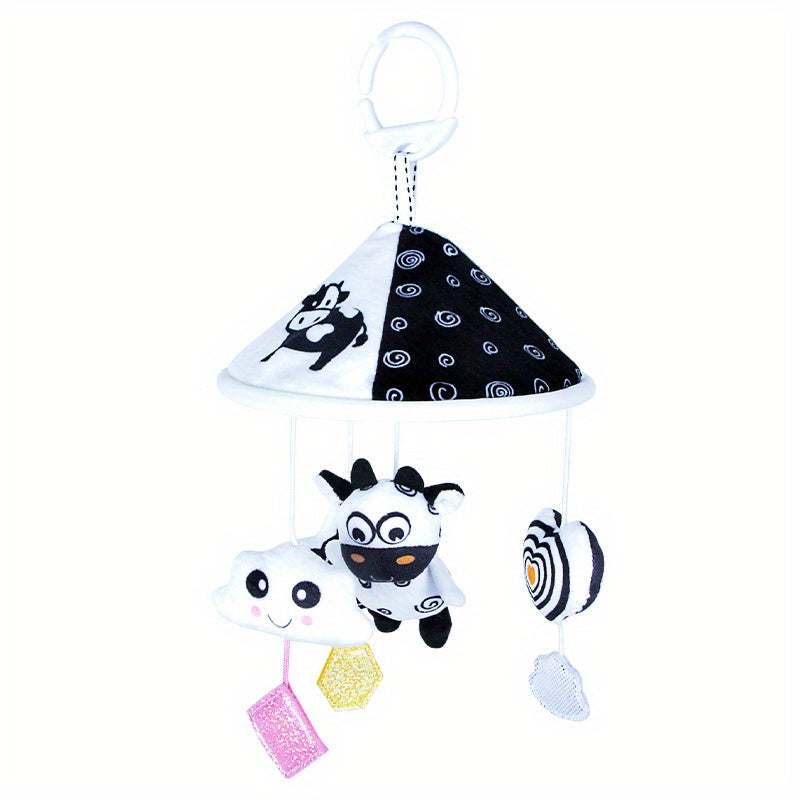 Baby Toy Car Hanging from Stroller with Black and White Animal Wind Chimes and Umbrella Bed Bell